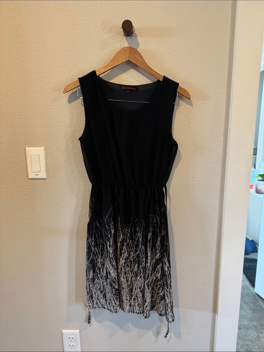 Black Sleeveless Midi Dress with White Branch Print